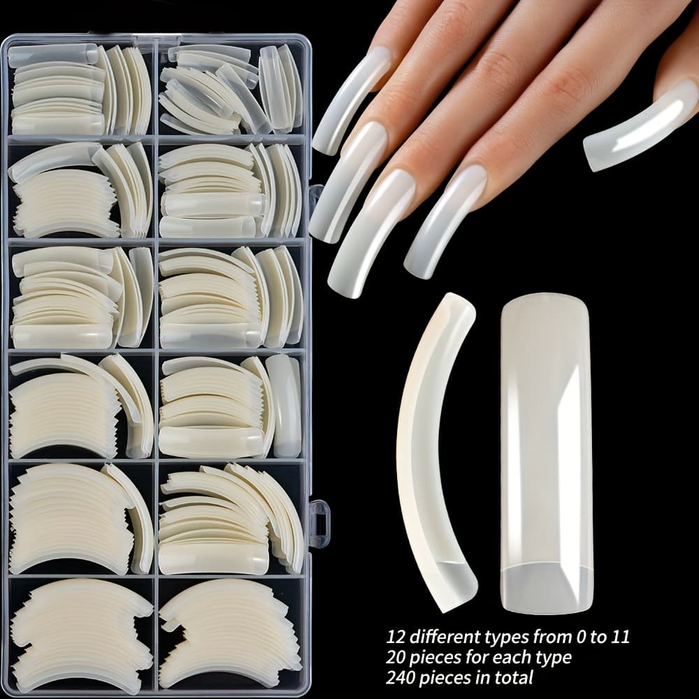 TEMU 240pcs/box Curved Arch Half Cover False Nail Tips Clear/white/natural Acrylic Fake Nails Extra-long Curved Press On Nails