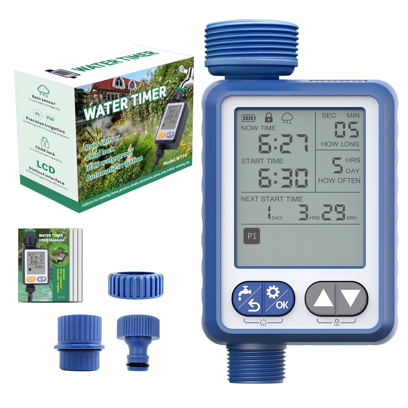 TEMU Automatic Irrigation Timer For Garden Hoses, Featuring A Programmable Sprinkler System With Options For Rain Delay And Manual Operation, Suitable For Yards, Lawns, And Pools (in Blue)