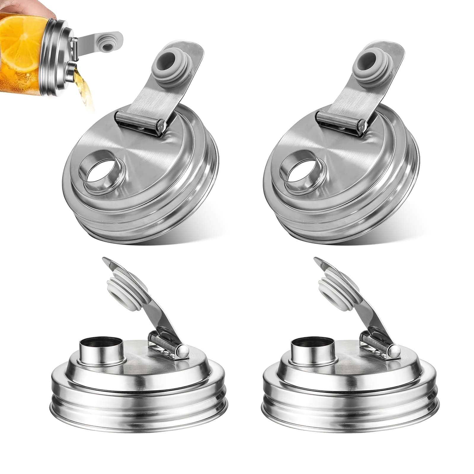 TEMU Set Of 4 Stainless Steel Lids For Mason Jars With Pour Spouts, Designed For Wide Mouths And Leak-proof Sealing, Ideal For Transforming Jars Into Pitchers For Storing Tea, Milk, And Juice