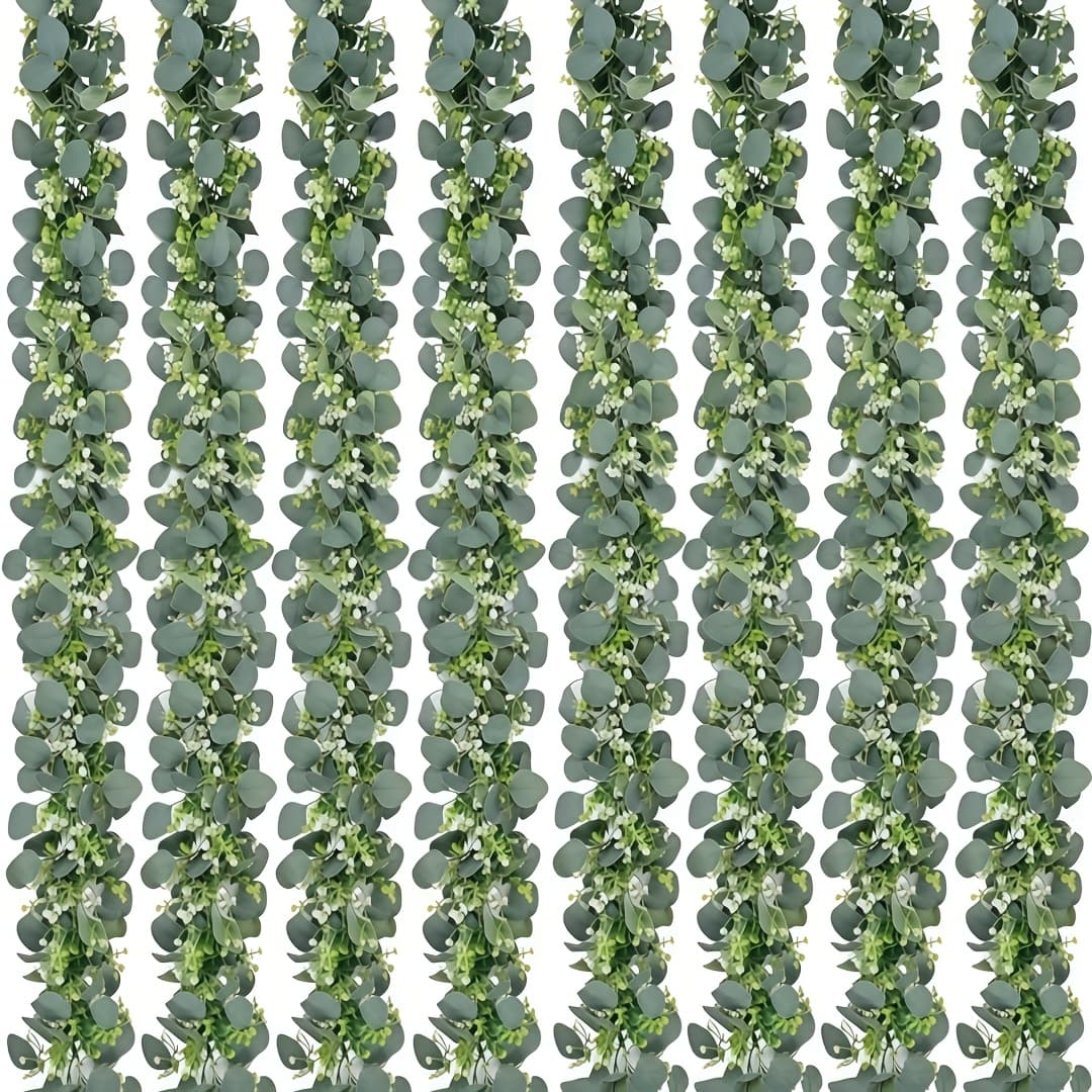 TEMU 6/8pcs Artificial Eucalyptus With Flowers, Fake Garland For Wedding, Faux Greenery Garland Vines Table Runner, Summer Floral Decorations For Hanging, Wedding Backdrop, Indoor