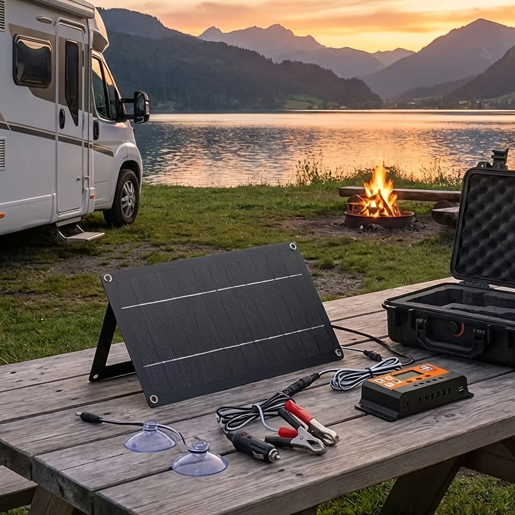 TEMU Solar Panel Kit With Solar Charge Controller & Extension Cord | W/battery Clamps | Universal For Boat, Motorcycle, Rv, Outdoor Light, Camera & Solar Generator | One-stop Power Supply For Off-grid