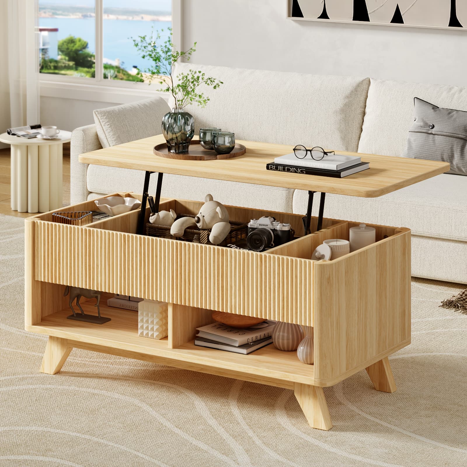 TEMU Lift Top Coffee Table With Storage Shelf & Hidden Compartment, Fluted Panel, Mid Century Dining Table For Living Room, Home Office, Oak