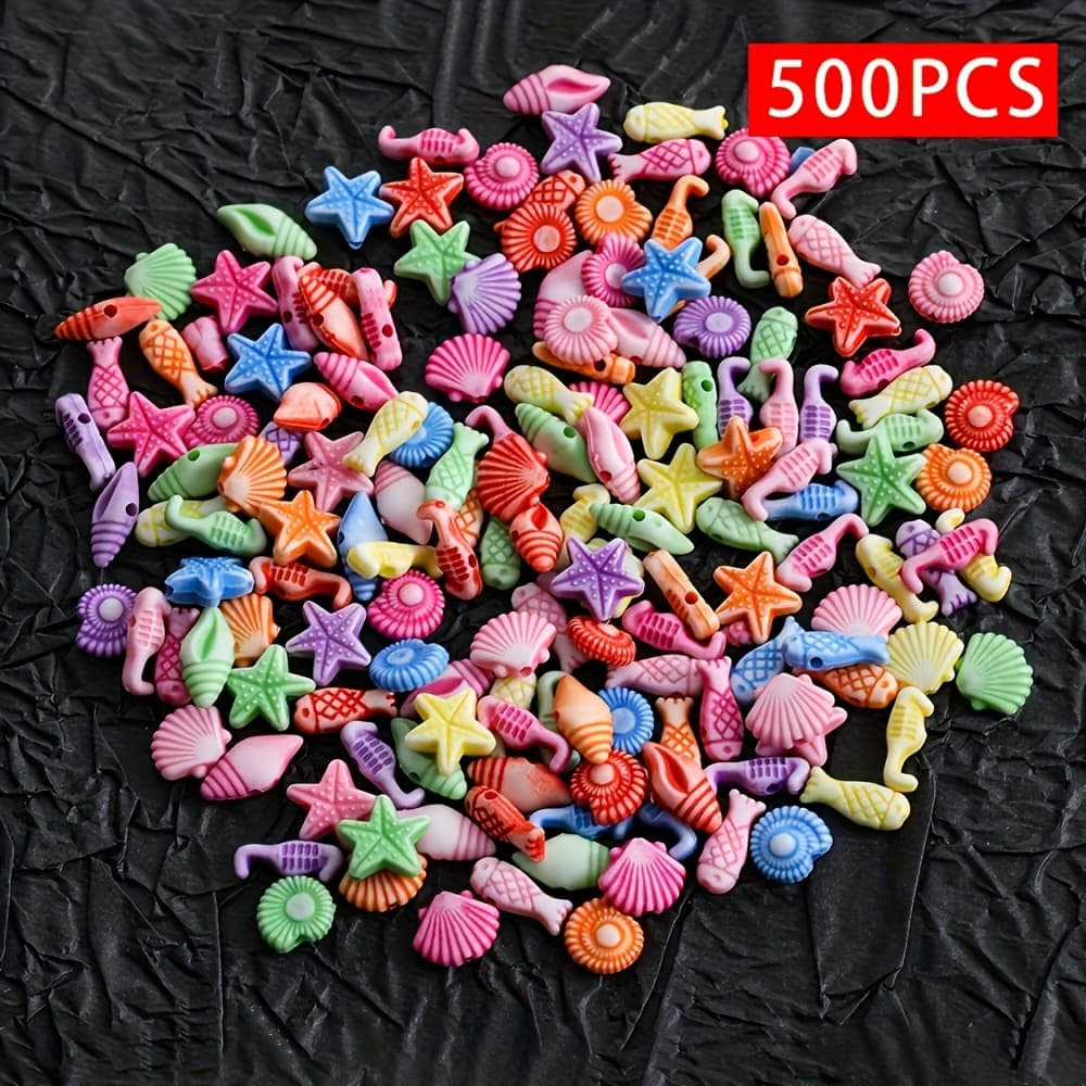 TEMU 500pcs Vibrant Ocean Themed Acrylic Beads, 10mm - Perfect For Bracelets, Necklaces, Keychains And Crafts | Colorful Starfish, Shells And Conch Designs, Jewelry Making Beads