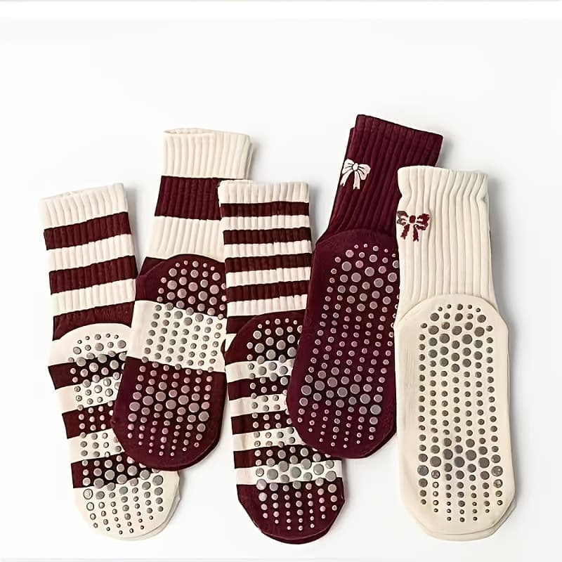 TEMU 5 Pairs Pack Women's Non-slip Yoga Socks Suitable For Pilates, Striped Mid-calf Exercise Socks With Sole, Machine Washable Workout Socks For Gym, Tai & Casual Wear