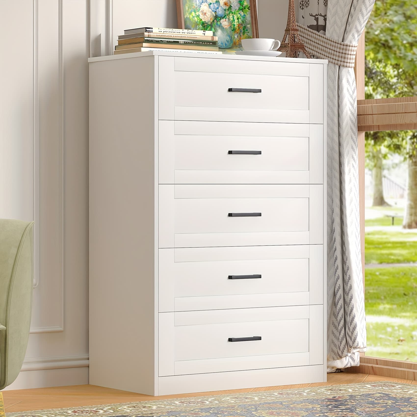 TEMU 5 Drawer Dresser For Bedroom Tall, Large Storage Chest Of Drawers Vertical Wooden Dresser Organizer For Living Room, Entryway - Modern White