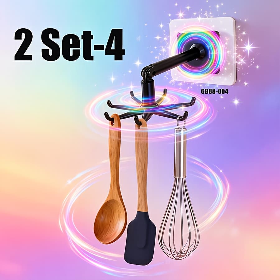 TEMU 2pcs 360° Rotating Hooks, No-drill Adhesive Wall/cabinet Organizer, Foldable Hanger Rack For Kitchen Utensils/bathroom Towels, Space-saving Ceiling Storage Shelf, Utility Hooks