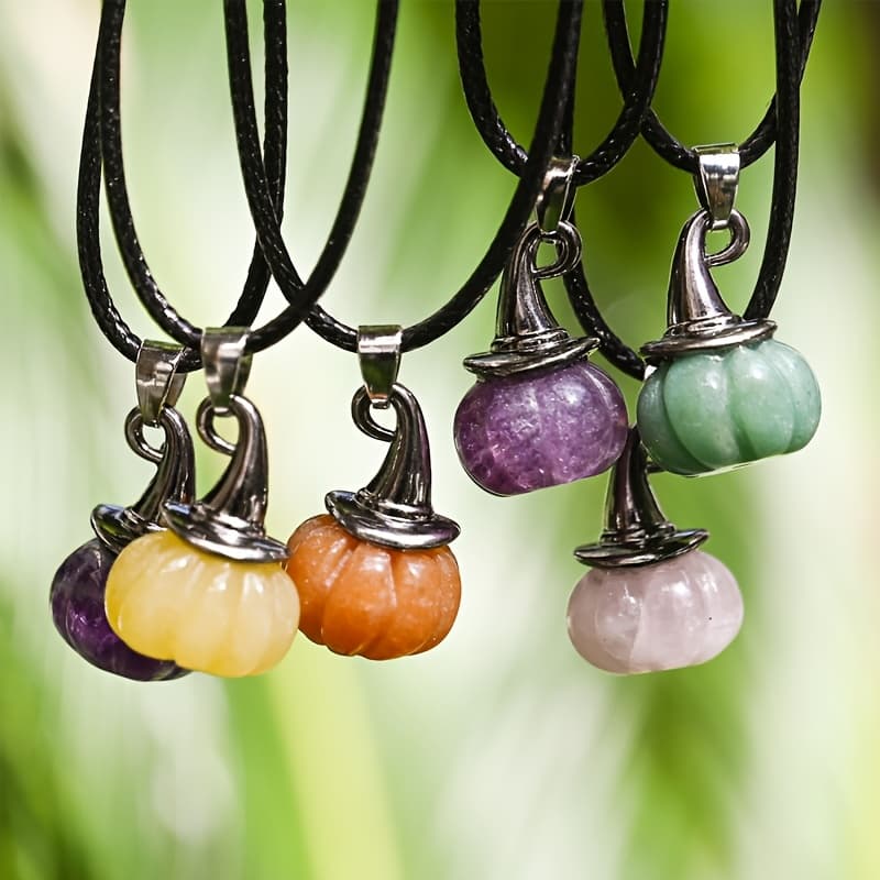 TEMU 10pcs Halloween Witch Hat Pumpkin Artificial Crystal Pendant Set -5pcs Pendants+5pcs Necklace, Party Accessory With Purple, Orange & Yellow Gemstones, Perfect Gift For , Halloween Decorations