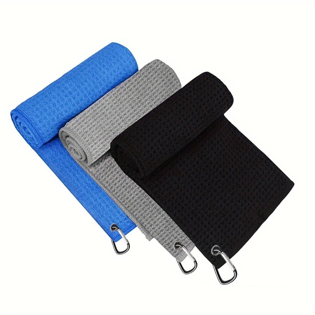 TEMU 3-pack Microfiber Golf Towels With Aluminum Clip - 80% Polyester, 20% Polyamide, Quick Dry, Super Absorbent, Waffle Weave, Hand Washable - Ideal For Golf Course, Golf Fan Gifts