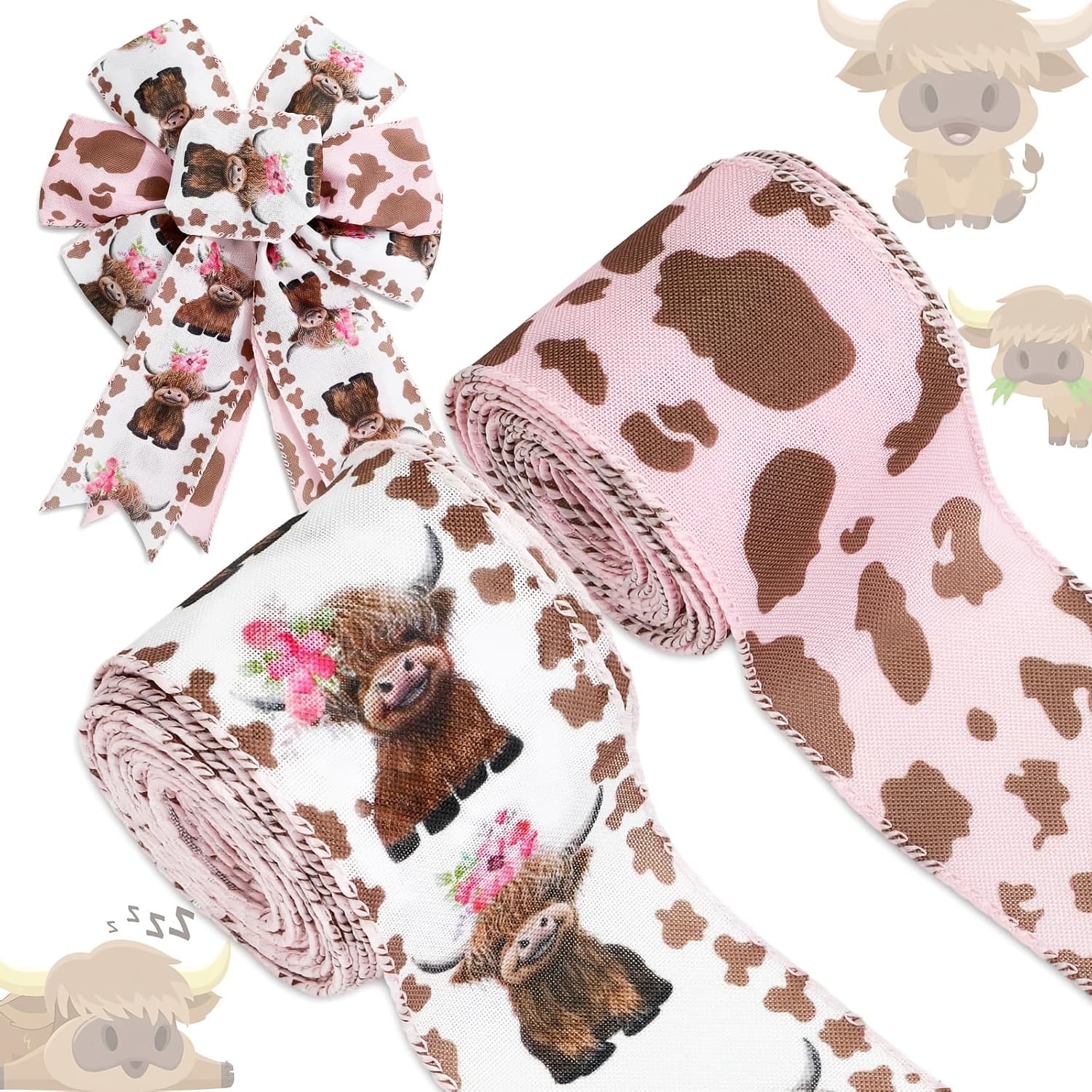 TEMU 2 Rolls Of Highland Cow Floral Wired Edge Ribbon, Pink And Brown Cow Print Ribbon, Farm Animal Fabric Ribbon, For Wreath Bow Diy Crafting, Rap Party Decorations, Rustic Decorations