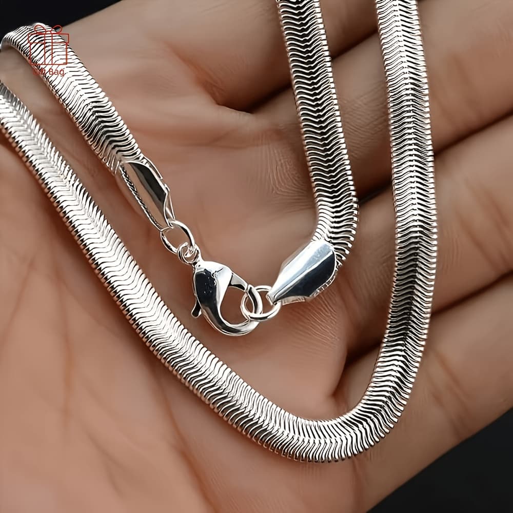 TEMU S925 925 Silver Flat Snake Bone Chain, Artistic Necklace, Alone, Overlapped, Mixed And In Other Styles. Suitable For Men And Women, A Jewelry Gift, Are Gift Bags.