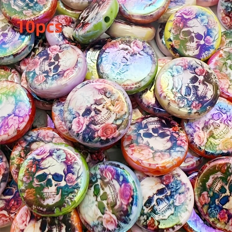 TEMU Acrylic Colored Printed Halloween Cookie Beads, Printed Skull Beads For Jewelry Making, Beaded Pens, Phone Chains, Keychains, And Accessory Decorations