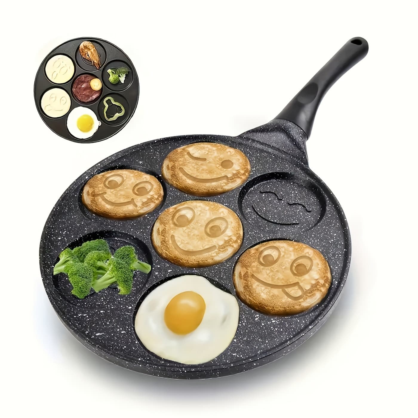 TEMU Single Pancake Tray Featuring 7 Cavities, A Mini Crepe Pan With A Removable Handle, Suitable For Gas Stoves, Ideal For Breakfast Pancakes, Pancake Mold, Oven And Dishwasher Safe, In Black Color
