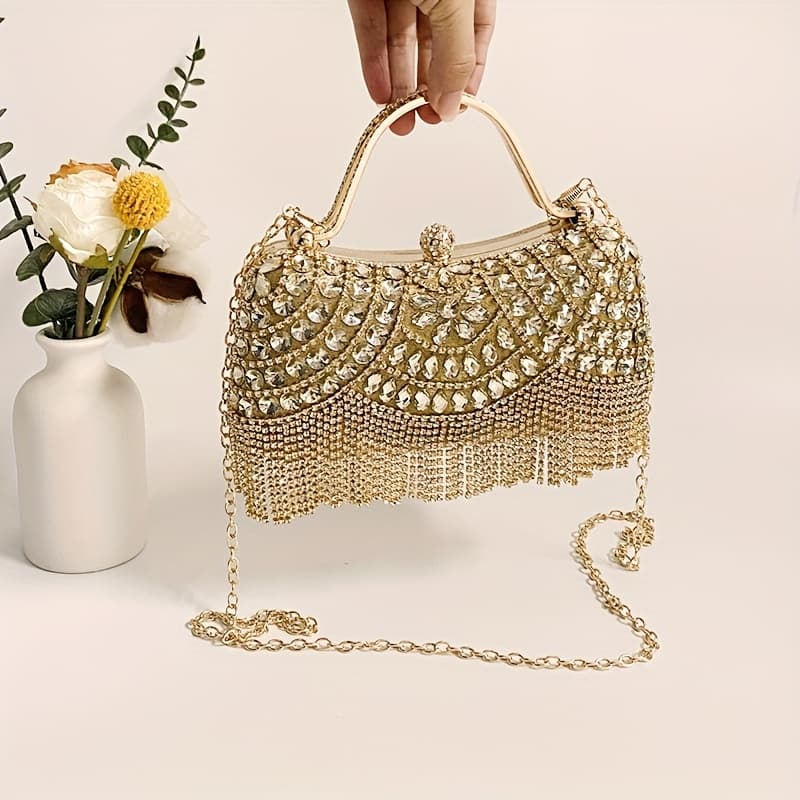 TEMU Women's Elegant Evening Clutch Bag With Detachable Strap & Closure - Convertible Crossbody/shoulder Handbag Suitable For Weddings, , Parties, -tone & Tassel Box Bag, European Style