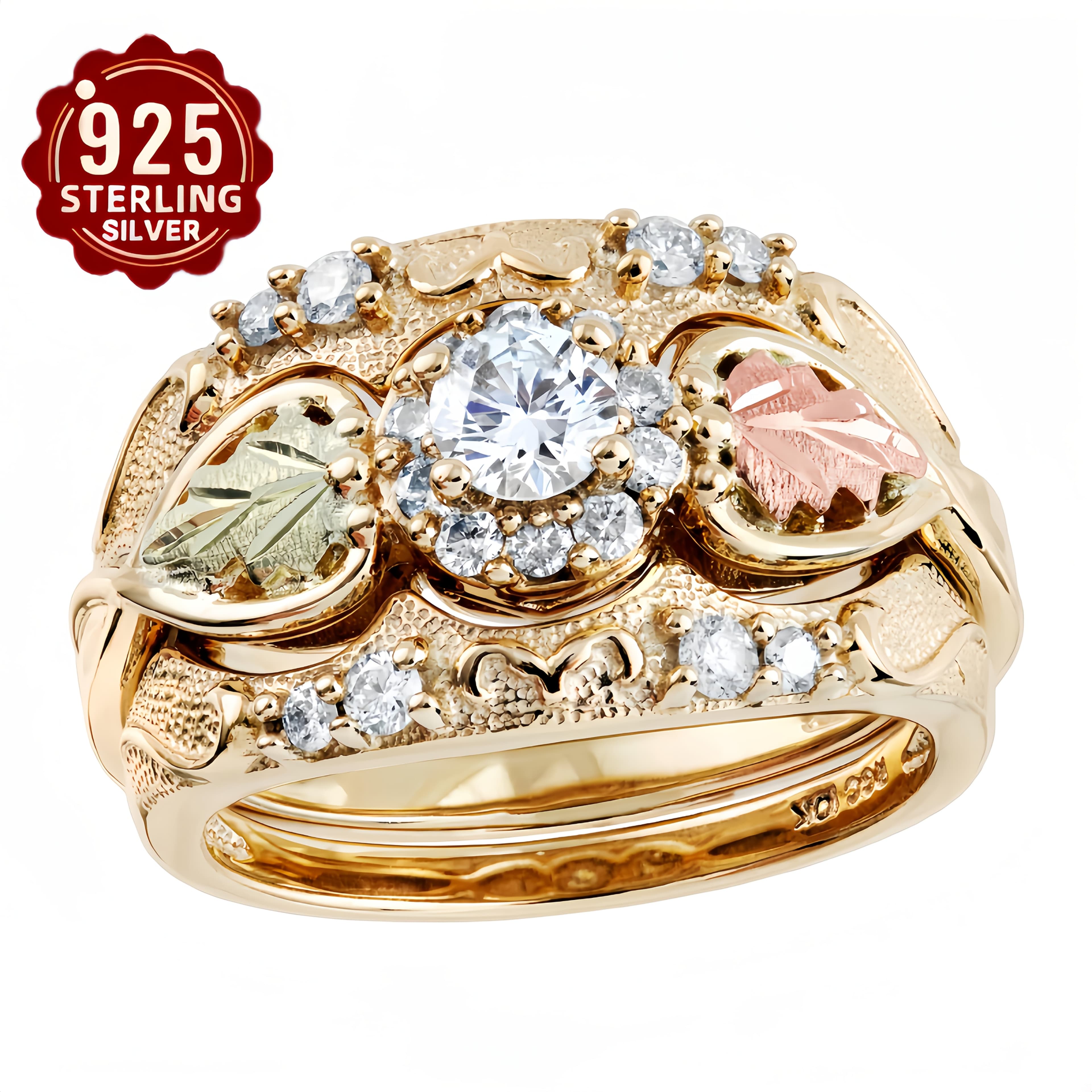 TEMU Vintage Bohemian S925 Pure Silvery 3pcs Ring Set, Featuring Leaf Design And Synthetic 5a 5a Zirconia Inlay, Suitable For , Banquets, Engagements, Valentine's Day Gifts