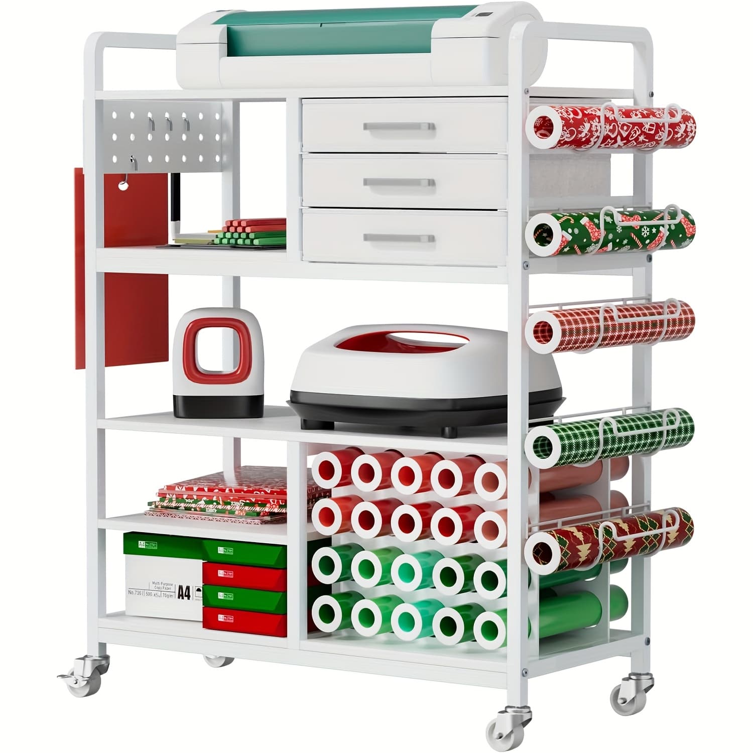 TEMU Craft Cart And Organizer Table Compatible - Rolling Storage Cart/shelf With 20 Vinyl Roll Holders, 3 Fabric Drawer, Accessories Holder, Tool Hook For Craft Room Home, Office, Storage Cabinets