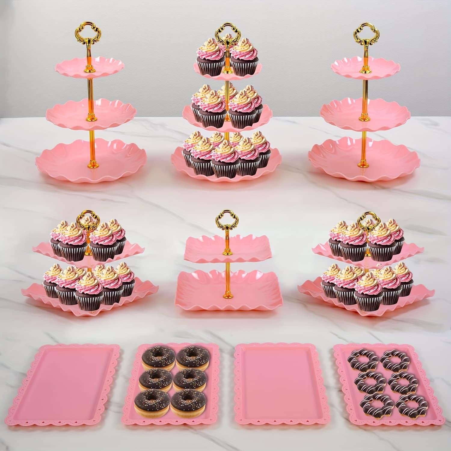 TEMU 10pcs Cake Stand Set With 3 Double-tier And 3 Triple-tier Cupcake Stands, 4 Appetizer Trays, Perfect For Birthdays Bridal Showers (pink)