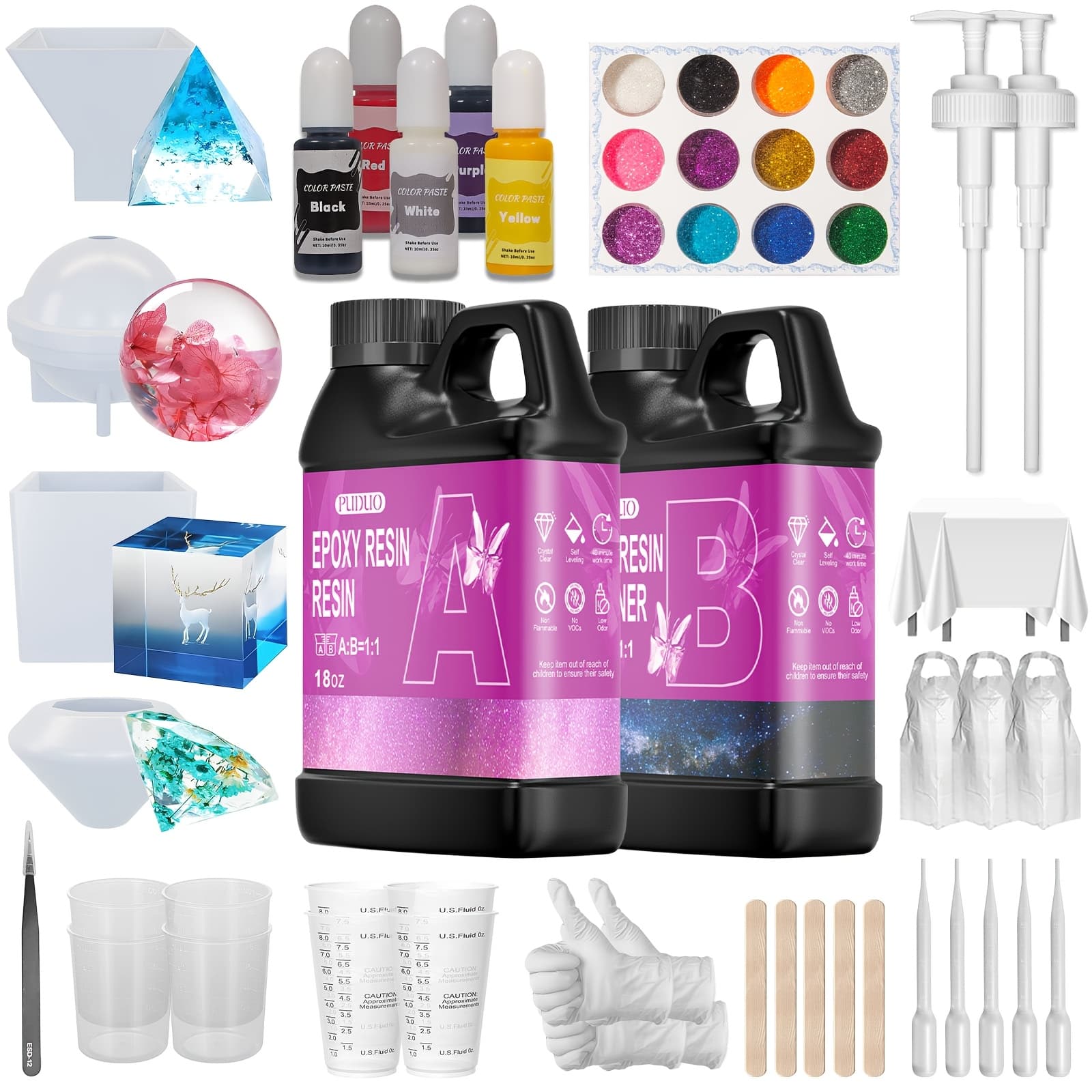 TEMU Complete Epoxy Resin Craft Kit 36oz | 12 Color Glitter + Alcohol Ink Set | Molds Pyramid Sphere Cube Diamond | Resin Jewelry Making Kit For Beginners With