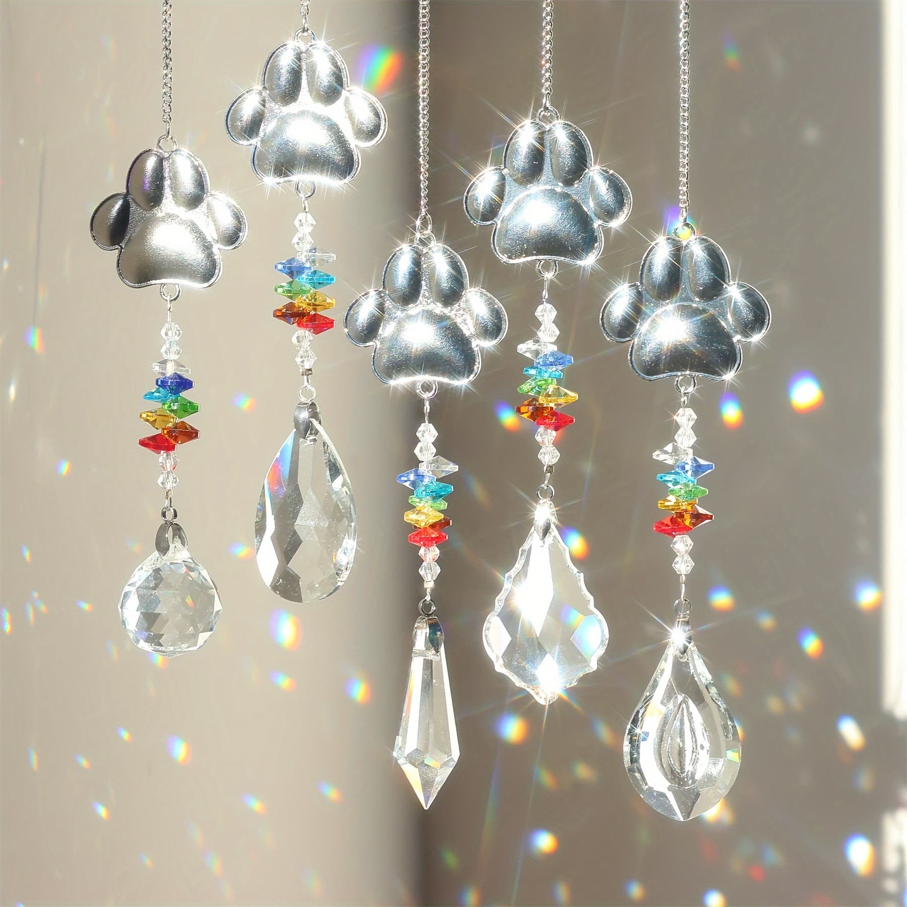 TEMU 5pcs Dog Paw Cat Paw Print + Crystal Pendant Hanging Ornament Prism Sun Catcher, Memorial Gift For Lost Pets ~ Valentine's Day Gift For Girls