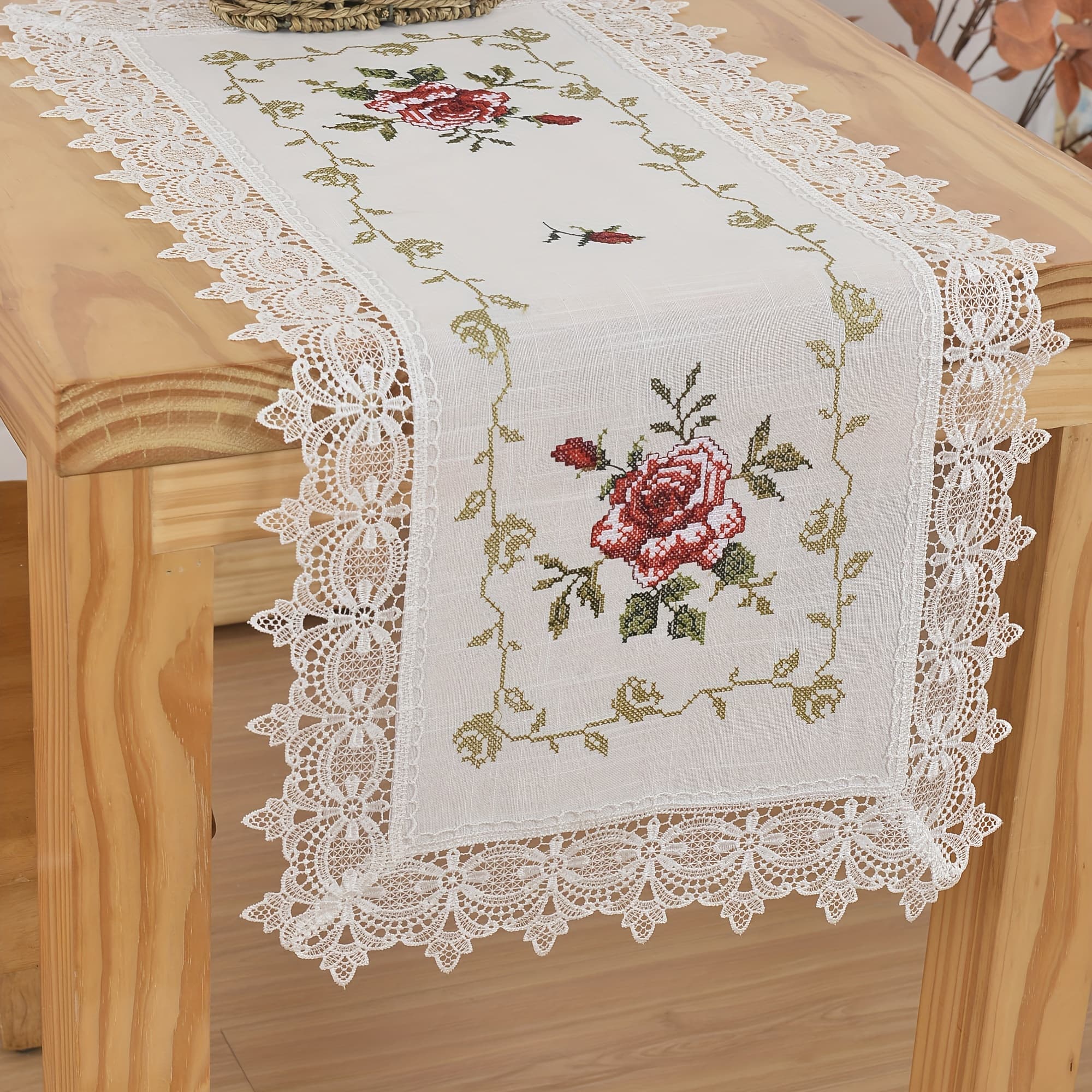TEMU 1pc Cross-stitched Embroidered Rose With Lace Table Runner, 100% Polyester Rectangular Embroidered Lace Table Runner, Suitable For Daily Use, , And Decor
