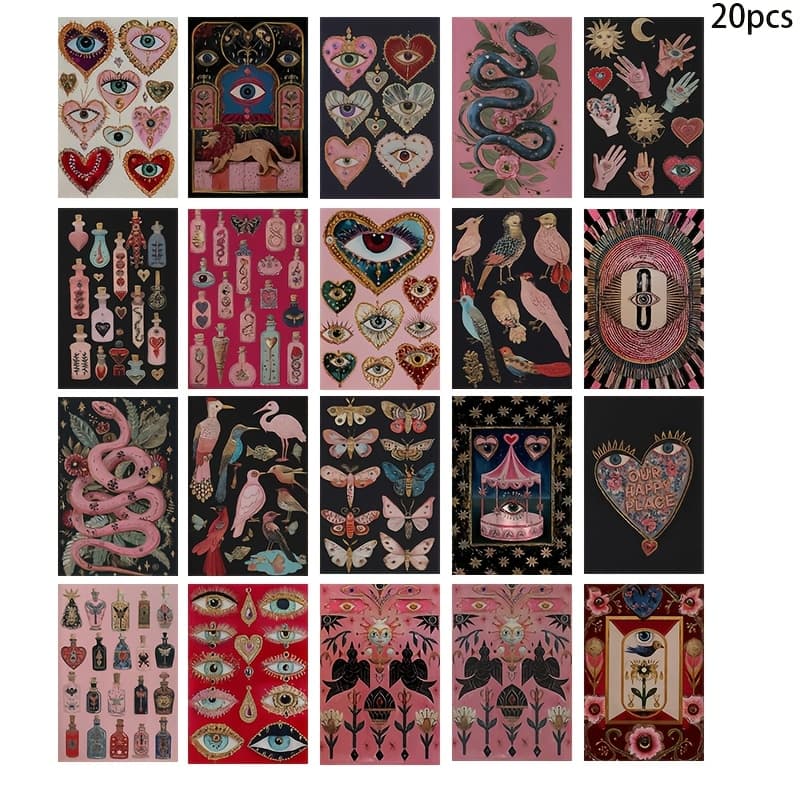 TEMU Vintage Art Postcard Set (20/32pcs Optional) | Abstract Eyes Newspaper Elements | Mailable And Collectible | Living Room Bedroom Study Room Dormitory Background Wall Decoration