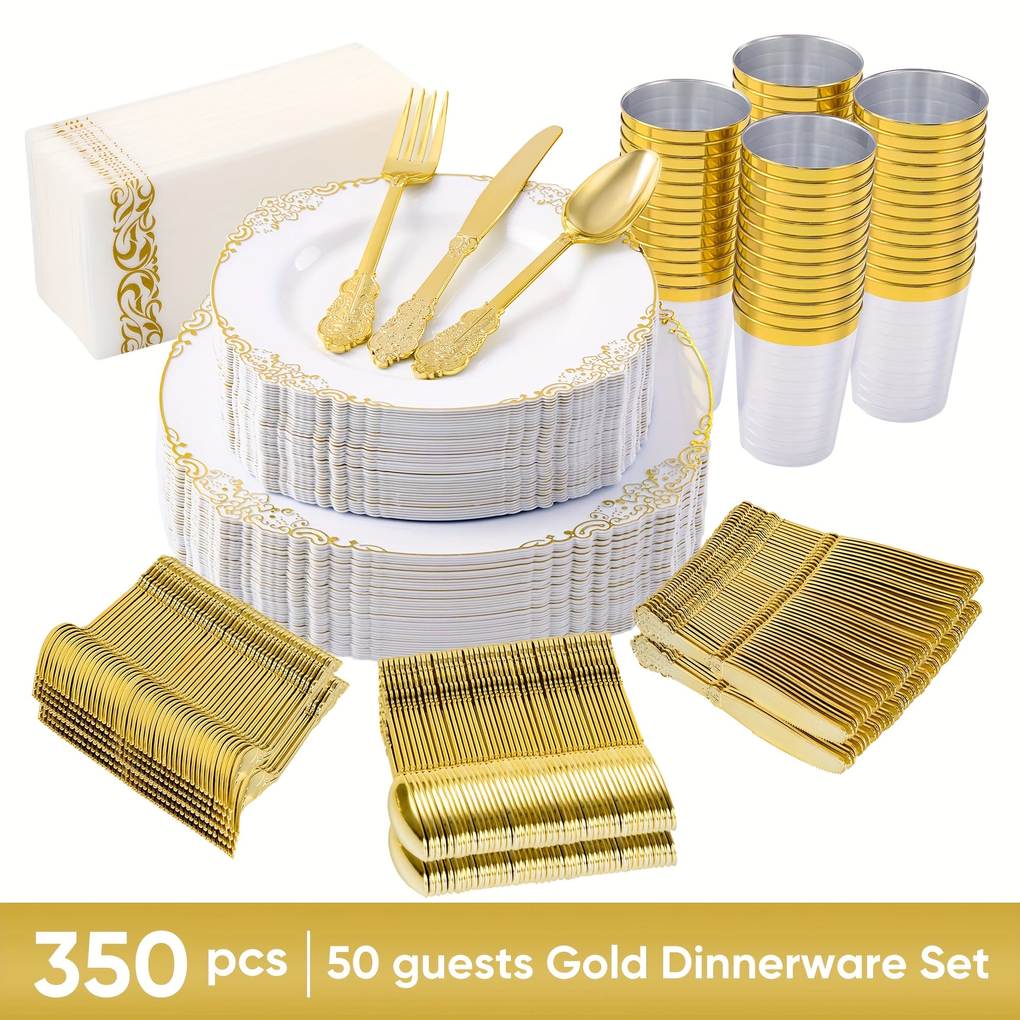 TEMU 350pcs Golden Plastic Plates - Golden Plastic Dinnerware Sets For 50 Guests - 100 Disposable Plates, 150 Silverware, 50 Cups, 50 Napkins For Wedding & Party & , Golden Plating