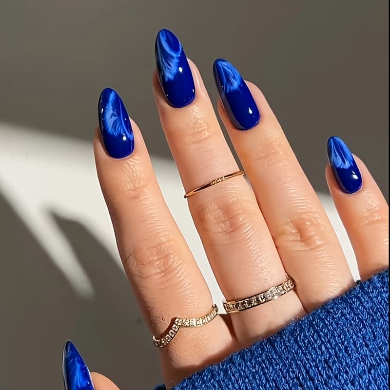 TEMU 24pcs Blue Press On Nails Medium Almond Shape - Long-lasting Fake Nails For Women, Fashionable Acrylic Full Cover Glue On Nails, Manicure, Easy To Apply No Damage, Reusable False Nails