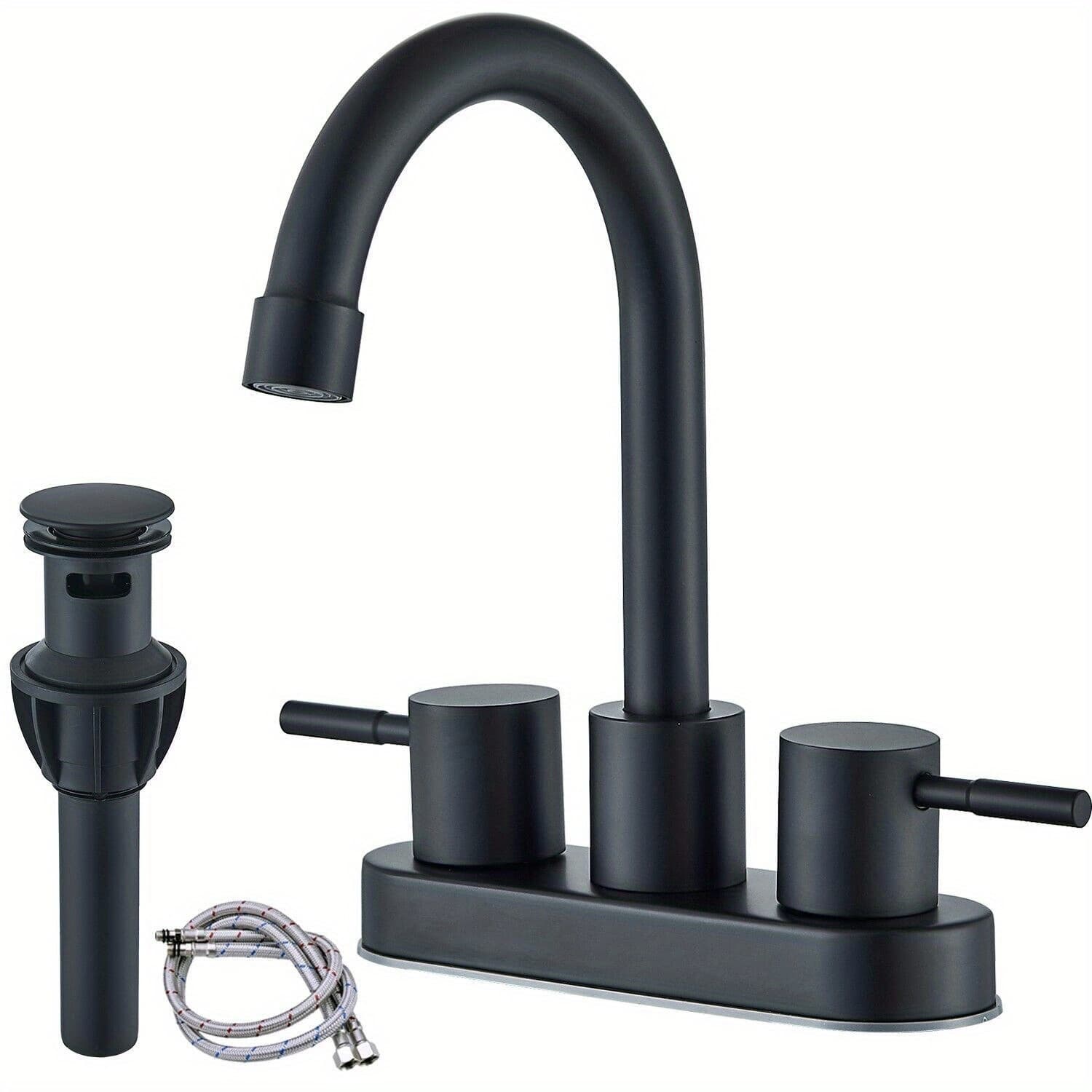 TEMU Two-handle Black Bathroom Sink Faucet With A 4-inch Centerset Design, Complete With A Pop-up Drain And Lines