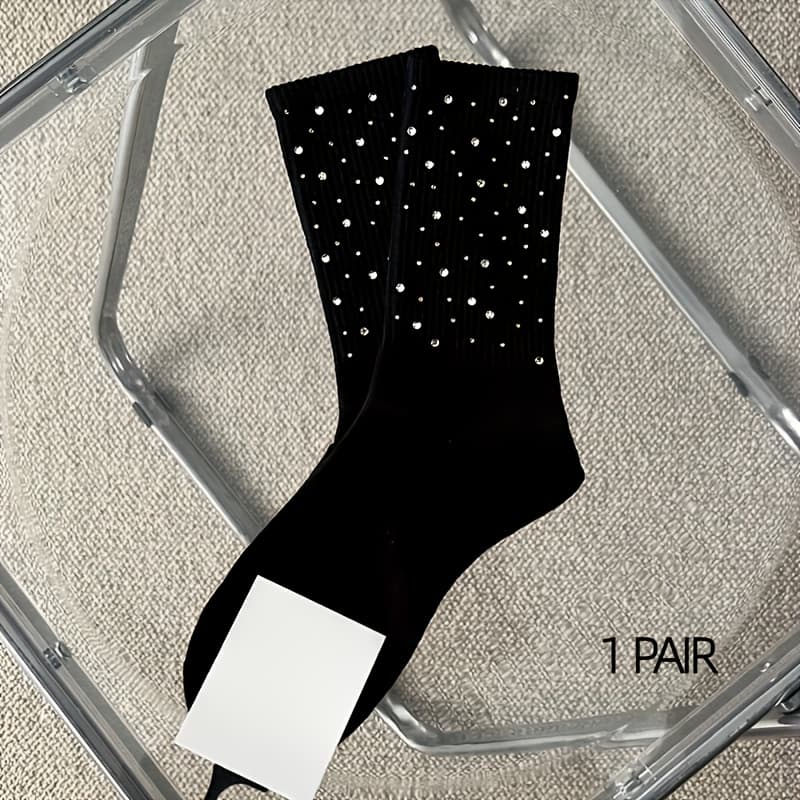 TEMU 1/2-pair Set Of Solid Color Socks With Rhinestones, Women's Comfortable Mid-calf Socks