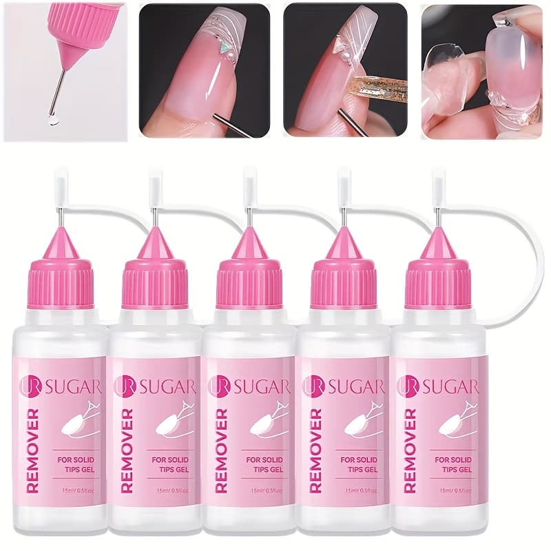 TEMU Ur Sugar 5pcs 15ml Gel Remover Set For False Nail Tips Nail Liquid Easy To Soften Remover Press On Nails Gel Fake Tips Tool