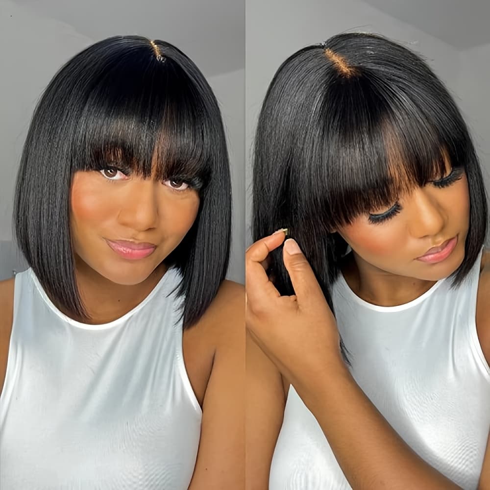 TEMU Full Wig With Air Bangs And Bob Short Hair