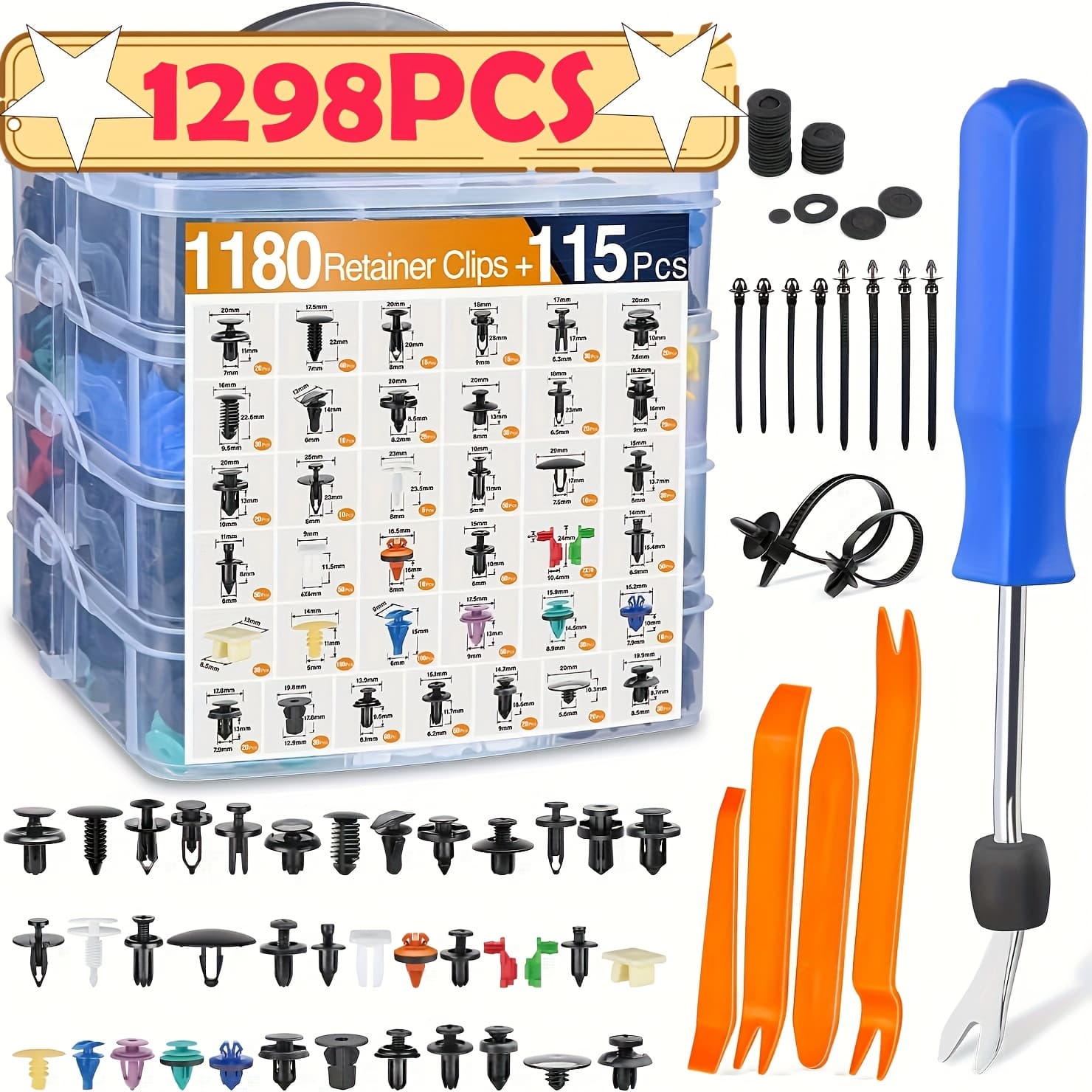 TEMU 1298pcs/113pcs Car Retainer Clips And Auto Fasteners Assortment-37 Most Popular Sizes Nylon Bumper Fender Rivets With 10 Cable Ties Of Fenders Are Applicable To Most Models