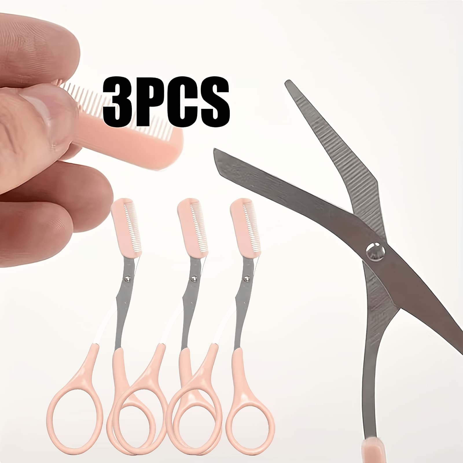 TEMU 3pcs Stainless Steel Eyebrow Scissors With Comb, Precision Facial Hair Trimming Scissors, Professional Makeup Eyelash Grooming Kit, Safety Nose Hair Scissors For Women Men