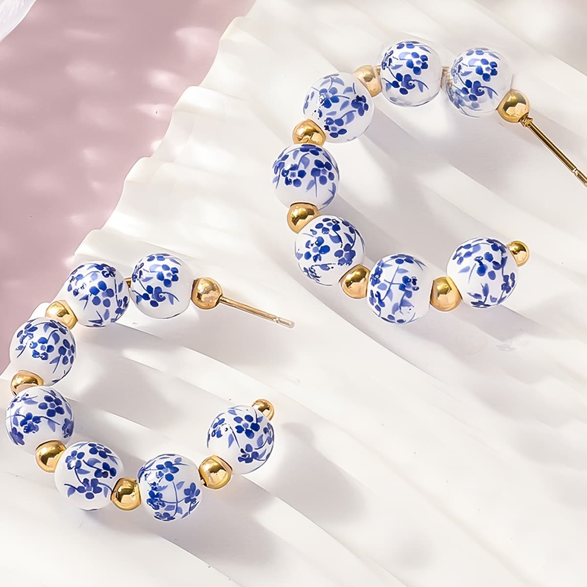 TEMU Blue And White Porcelain Earrings For Women - Retro Everyday Versatile Alloy Earrings With Stainless Steel Posts, Inlay, , Year-