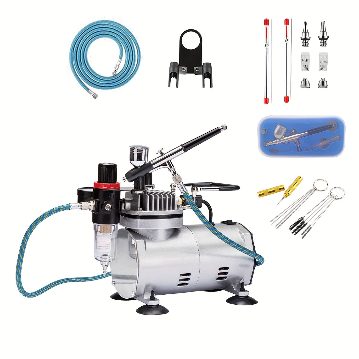 TEMU Airbrush Kit With 1/5 Air Compressor And 1 Professional Airbrush Gun, Gravity And Siphon Feed, Quiet Air Brush Paint Set With Holder