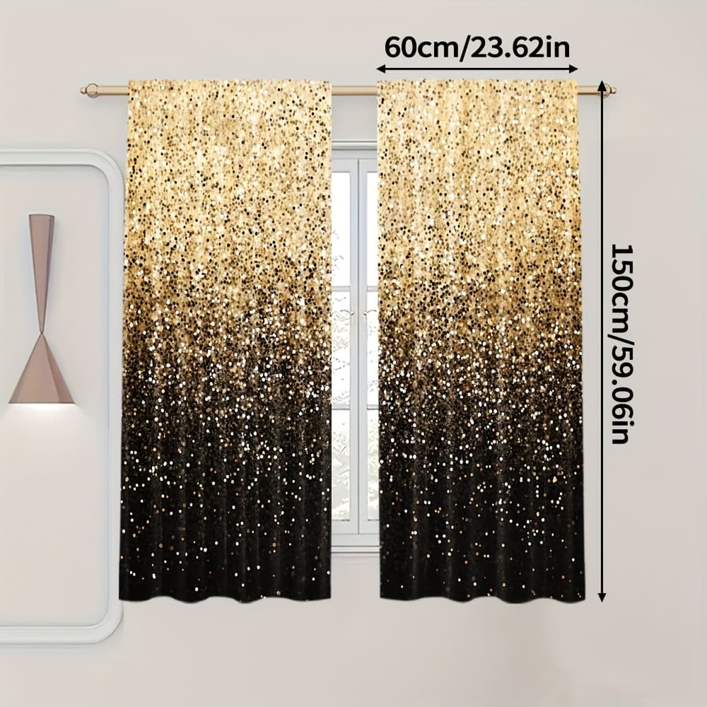 TEMU 2pcs, Digital Printed Elegant Black And Golden Polyester Curtains (without Rod, No Movement, No Battery), Doorway Curtain Decorations For Home And Office Decor