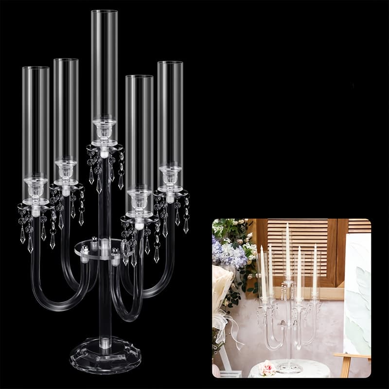 TEMU 1pc 5-arm Candelabra Holder Table Centerpiece 27-inch Crystal Taper Candlestick With Crystal Beaded Chandelier Stand For Wedding Party Fireplace Valentine's Day Decor