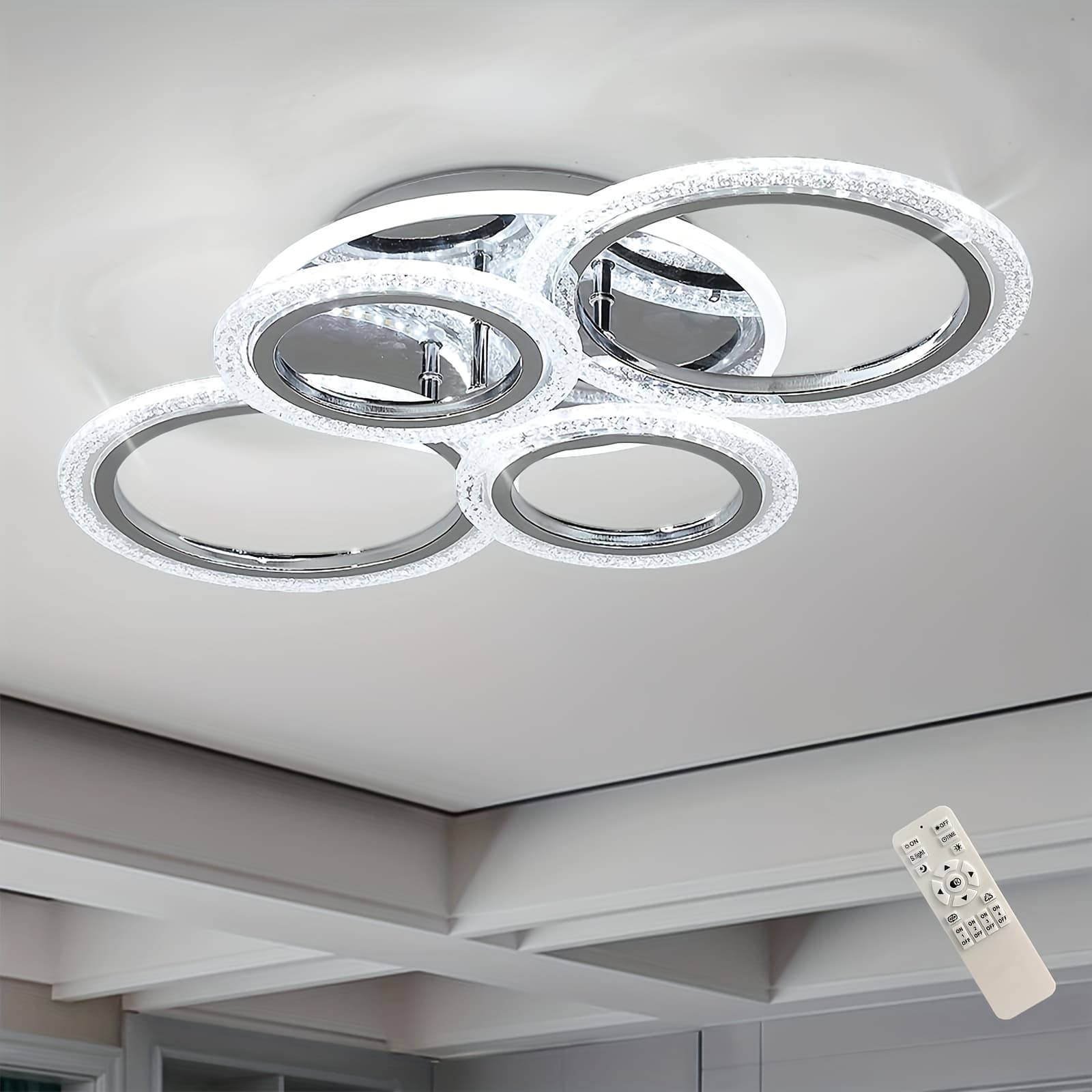 TEMU Modern Ceiling Light Dimmable Flush Mount Led Ceiling Lamp 4 Rings Acrylic Ceiling Chandelier For Living Room Dining Room Bedroom, Chrome