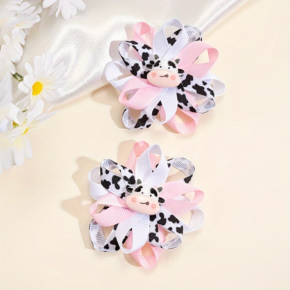 TEMU 2pcs Cute Cow Print Hair Clips Grosgrain Ribbon Flower Shaped Headdress Hair Additions For Daily And Casual