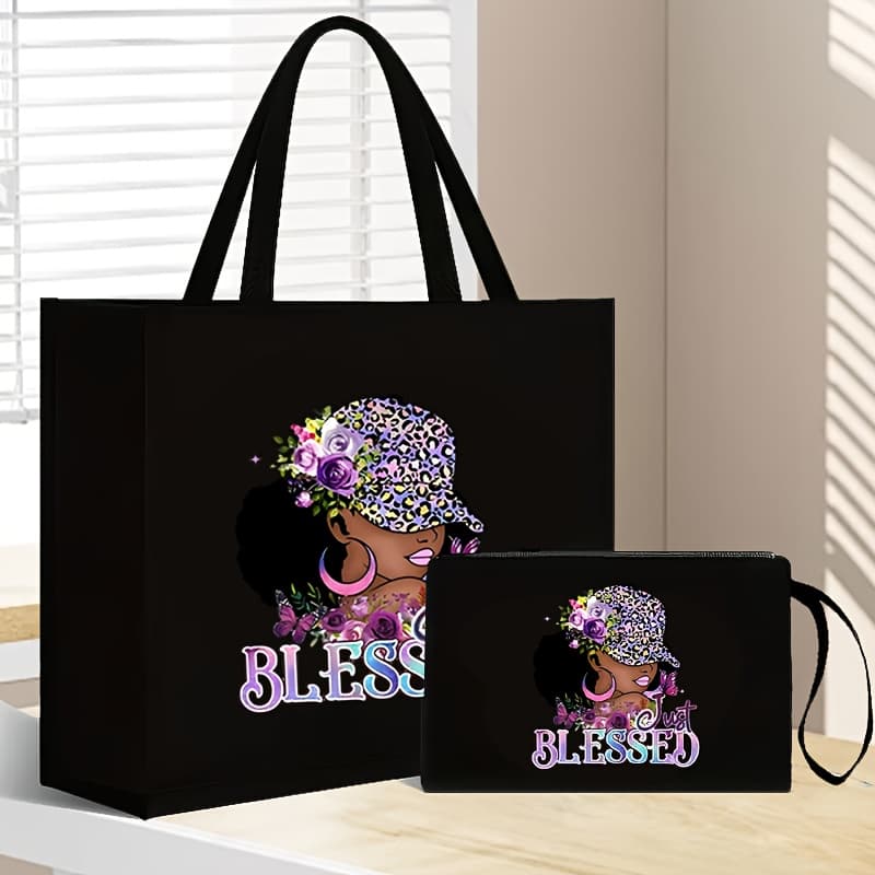 TEMU Style! Blessed Printed Black Bag Set Handbag Travel Lightweight Large Capacity Bag For Work Shopping Gift