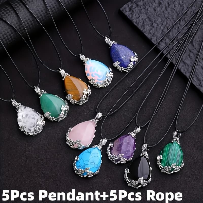 TEMU 10pcs Natural Stone Pendant Plum Necklace Set, Assorted Colors 5pcs Plum Stone Pendant With 5pcs Black Rope For Craft Making, Daily Wear &