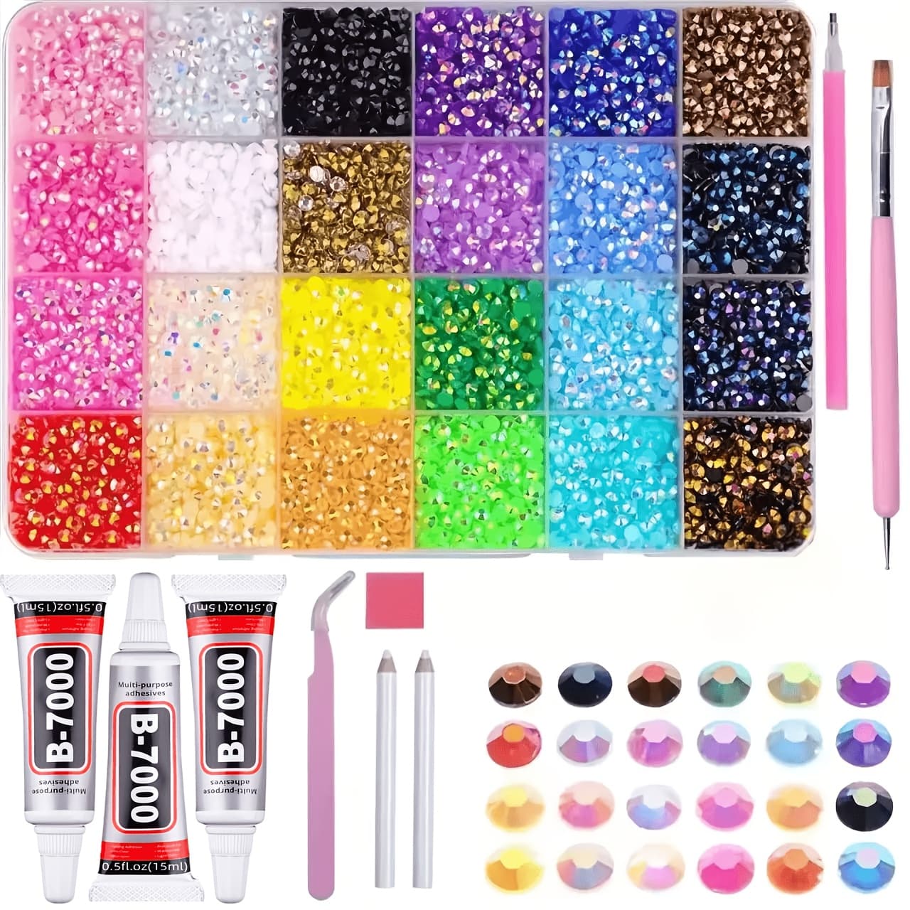 TEMU 24-color 3mm Jelly Rhinestones Kit For Bedazzling - Includes Tools And Tweezers, Flatback Resin Gems For Crafting, Nail Art, , Phone Case And Makeup Supplies