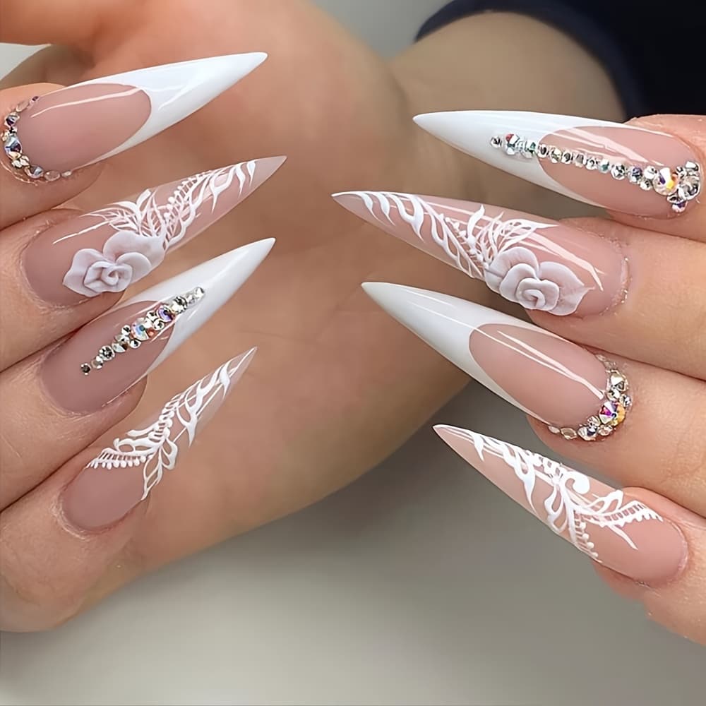 TEMU Extra Long Almond-shaped White Striped Floral -on Wearable Nail Art Fake Nails 24pcs