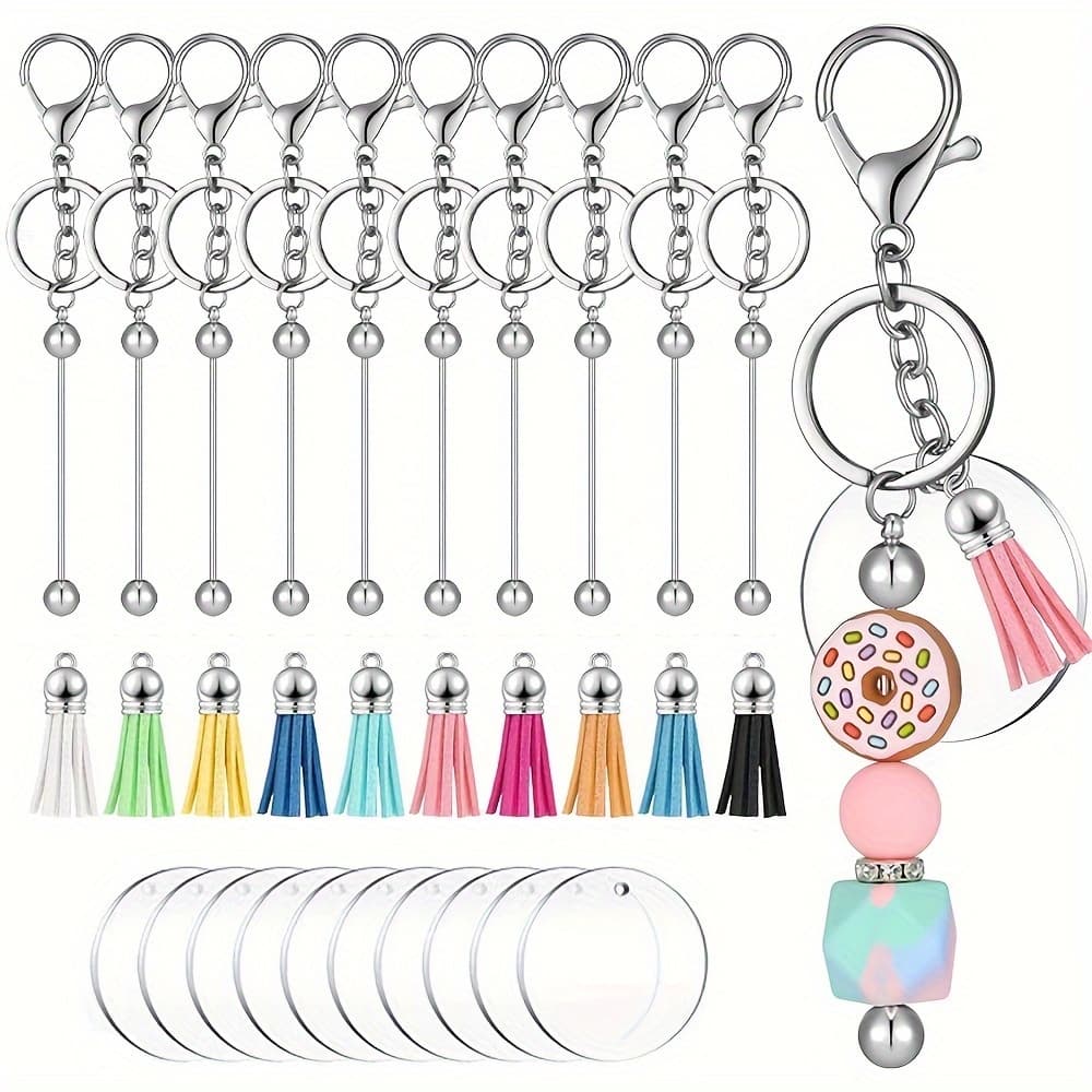 TEMU 30/60pcs Beadable Keychain Bars Including Blanks Bead Keychain And Colorful Leather Keychain Tassels Bulk For Jewelry Making Key Chains Acrylic Blanks Tassels For Diy Keychain