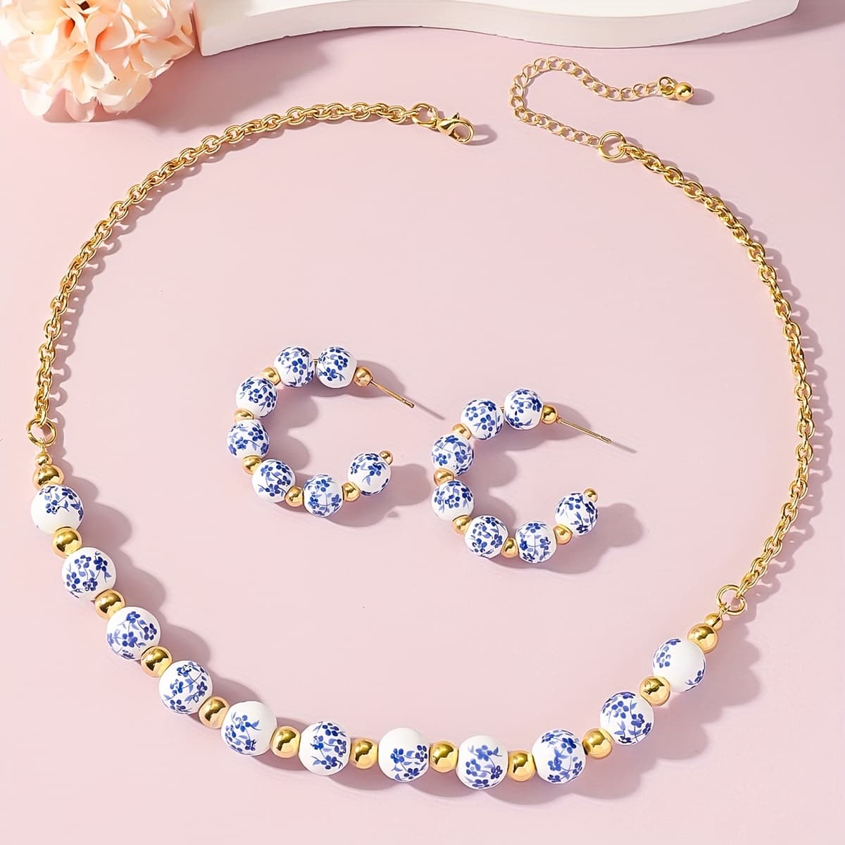 TEMU Retro Style And Porcelain Bead Necklace And Earring Set Women' All-match Temperament Additions