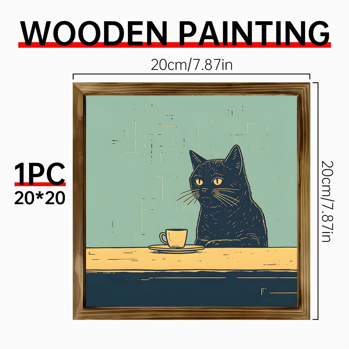 TEMU 1pc Vintage Black Cat Wooden Plaque - Sipping Minimalist Wall Art, Retro-inspired For Bedroom, Living Room, Dining Area & Cafes | Perfect Battery-free Gift For | 8"x8"