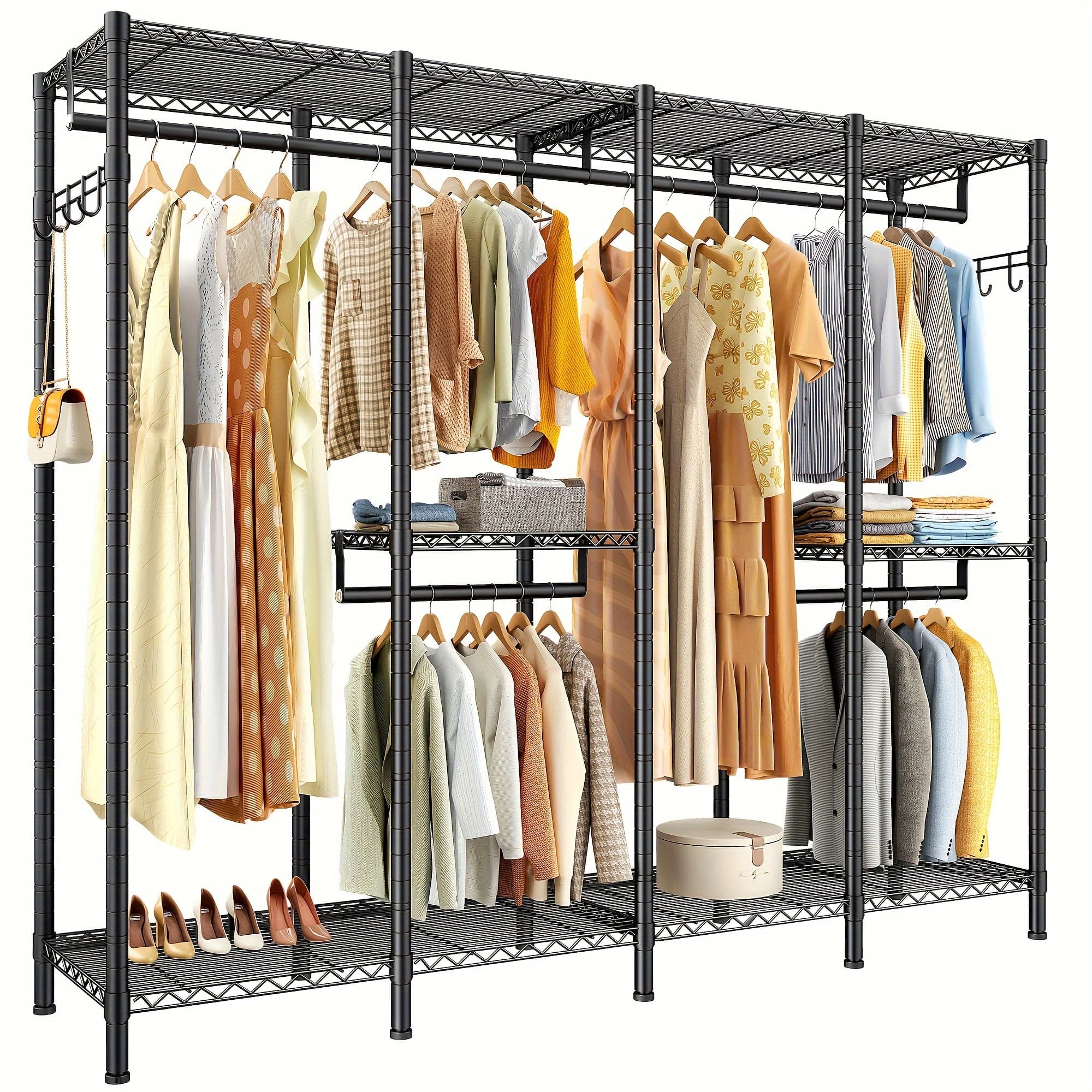TEMU Garment Rack, Clothing Rack Heavy Duty Clothing Racks For Hanging Clothes 910lbs, Metal Garment Rack Heavy Duty Clothes Rack Freestanding Wardrobe Closet Rack, 75" H X 75" W X 15.7" D, Black