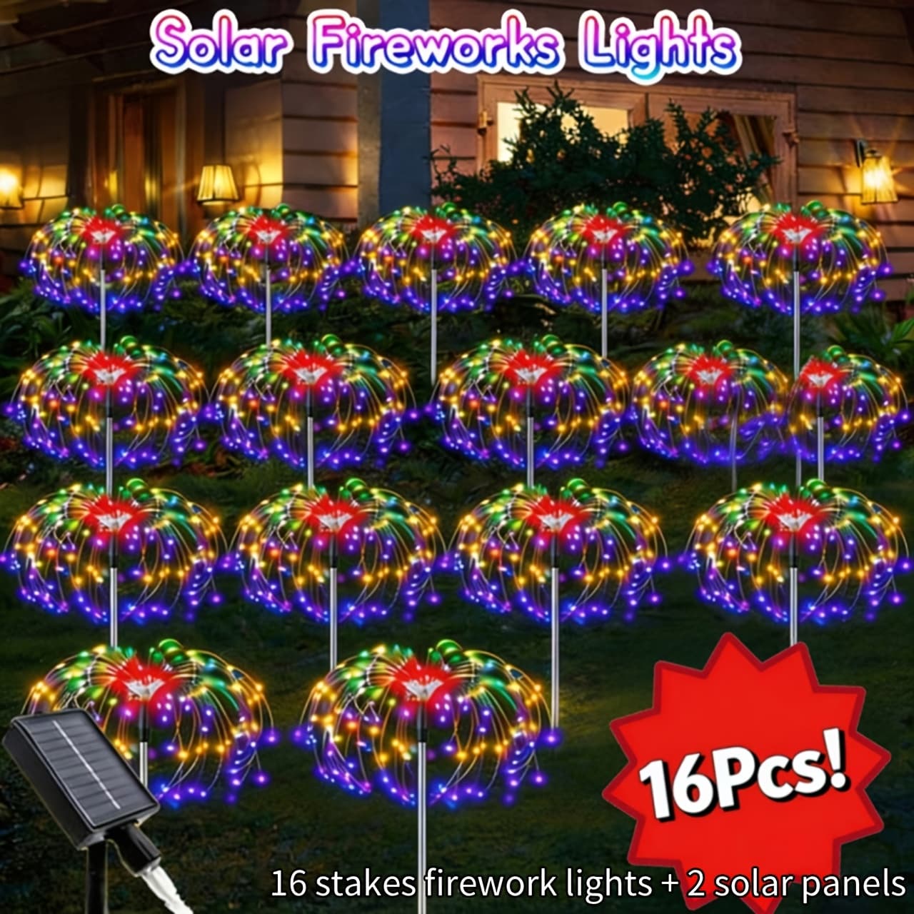 TEMU 16 Packs Solar Firework Lights, 8 Ip65 Outdoor Solar Garden Lights, Solar Powered Fairy Lights For Patio, Pathway, Yard Decor