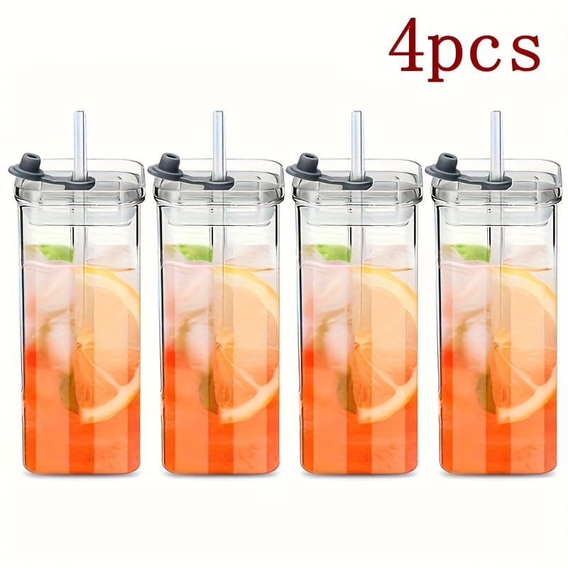 TEMU 4 Packs/, Glass Water Cup, High Borosilicate Glass With Lid And Straw, Women's Korean Square Lid, Transparent, Simple Flat Bottom, Heated Household Coffee Cup, Juice Cup