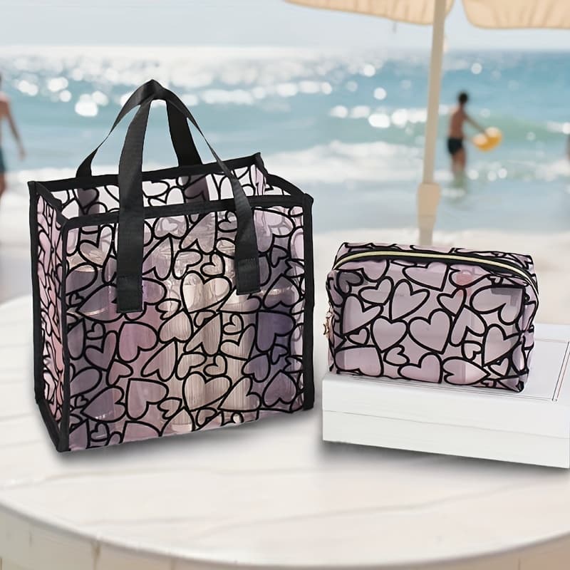 TEMU 2pcs Set [makeup Bag] Heart Print Mesh Tote Bag And Cosmetic Bag Set | Transparent Travel/beach Toiletry Organizer | Suitable For Use As Beach Bag.
