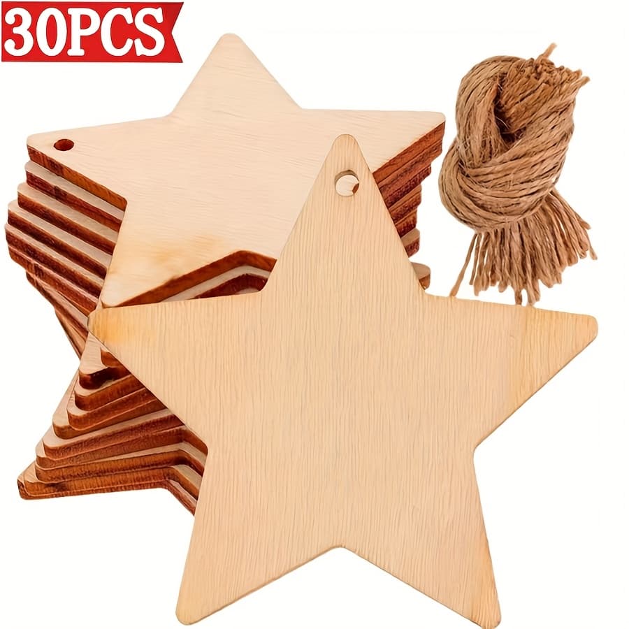 TEMU 30pcs Stars - Diy Paintable Blank Wooden Hanging & Tabletop Decor Suitable For Christmas, Weddings, Birthdays, Easter - Artificial Craft For Parties, Events, Rustic - Handmade Craft Gift